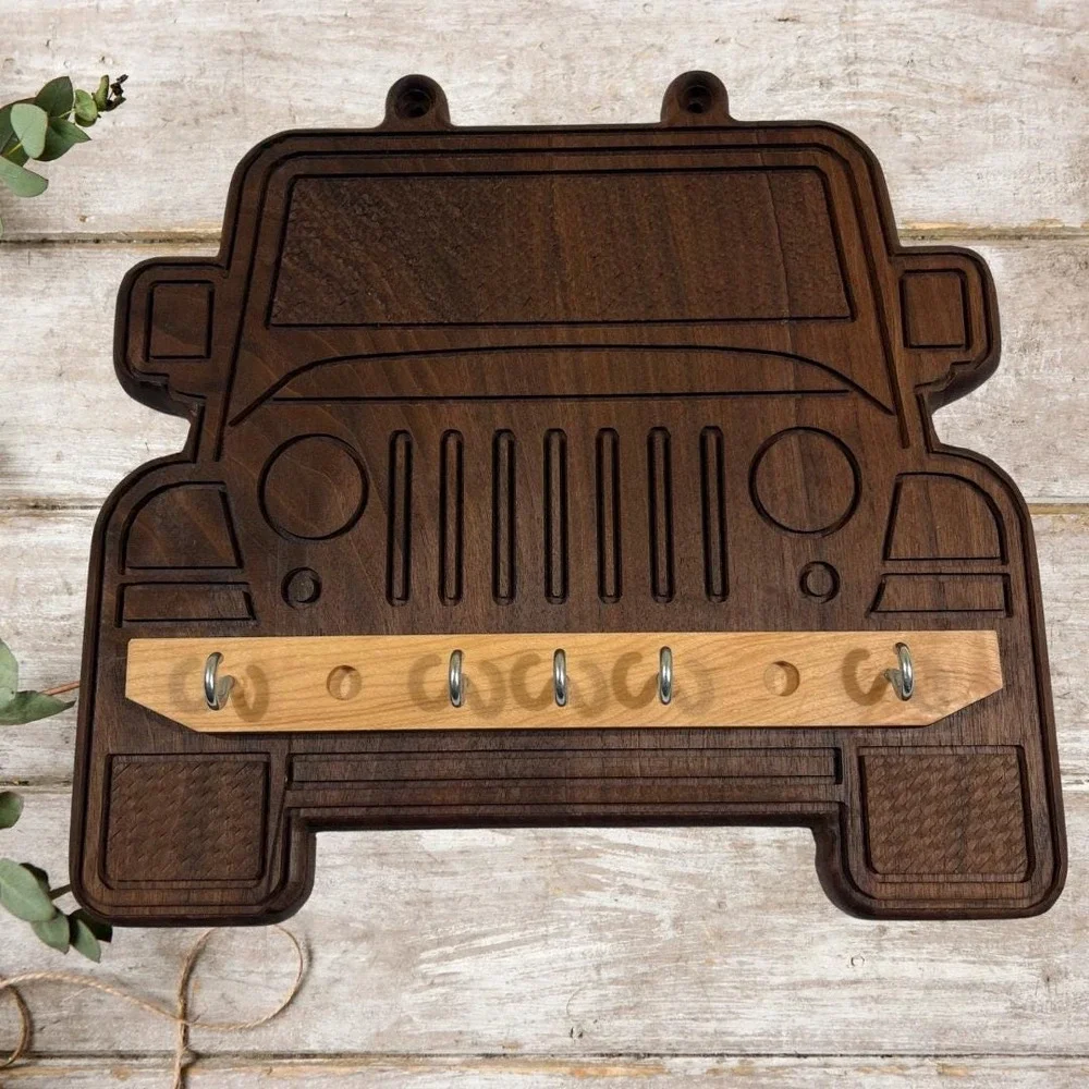 Jeep Grill Key Holder, Walnut Wood Off Road Wall Decor, Entryway Hanging Hooks